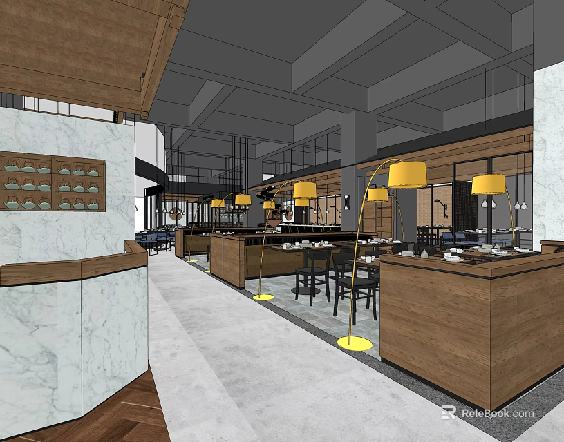 Elegant Restaurant Interior With Wooden Bar Marble Counter And Yellow Pendant Lights 3d model 