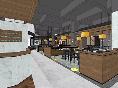 Elegant Restaurant Interior With Wooden Bar Marble Counter And Yellow Pendant Lights 3d model