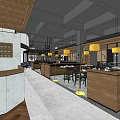 Elegant Restaurant Interior With Wooden Bar Marble Counter And Yellow Pendant Lights