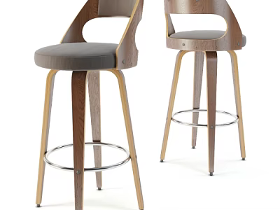 Modern Bar Stools With Wooden Legs Gray Padded Seat And Metal Footrest 3d model