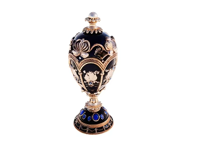 Intricate Egg Shaped Sculpture Carving With Black Gold Decor And Pearl Top Blue Gemstone Base 3d model