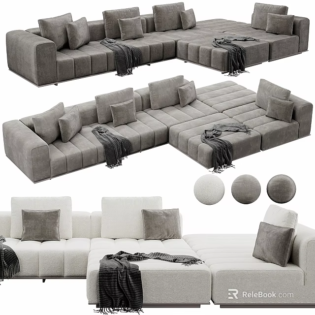 Gray And White Sectional Sofa Set With Pillows And Throw Blankets 3d model