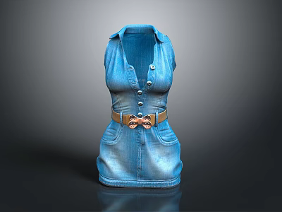 Stylish Blue Denim Sleeveless Dress With Brown Belt And Buttons 3d model