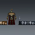 Man In Medieval Armor Standing With Shields Display On Wooden Rack
