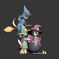 Three Cat Wizard Characters In Colorful Hats Stirring Magic Cauldron With Books And Candles