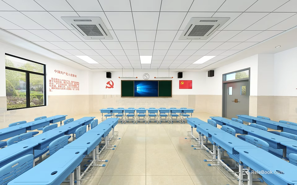 School Classroom Interior With Blue Desks Blackboard National Flag And Wall Posters 3d model 