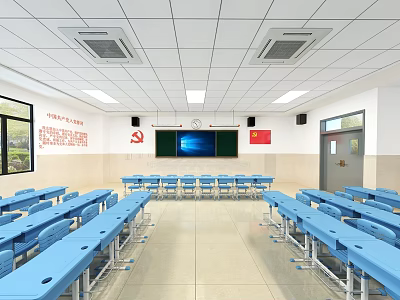 School Classroom Interior With Blue Desks Blackboard National Flag And Wall Posters 3d model