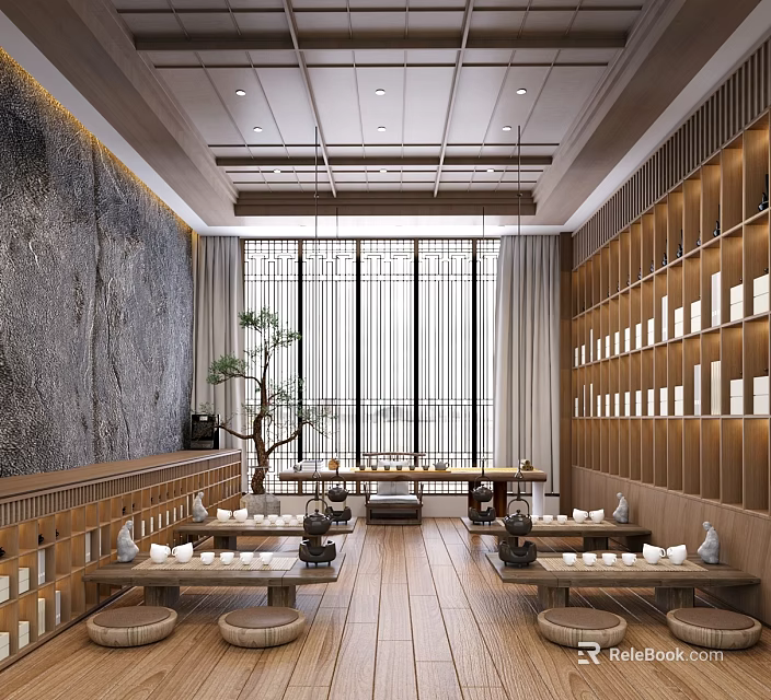 Traditional Chinese Tea House Interior With Wooden Furniture Tea Sets And Bonsai 3d model 