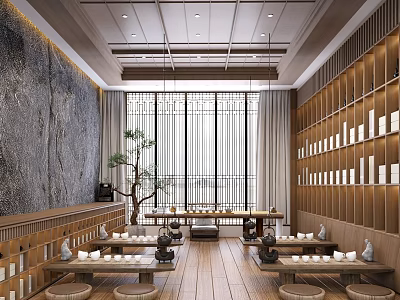 Traditional Chinese Tea House Interior With Wooden Furniture Tea Sets And Bonsai 3d model