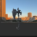 Decorative Fantasy Battle Axe With Intricate Metal Design And Human Figure Model