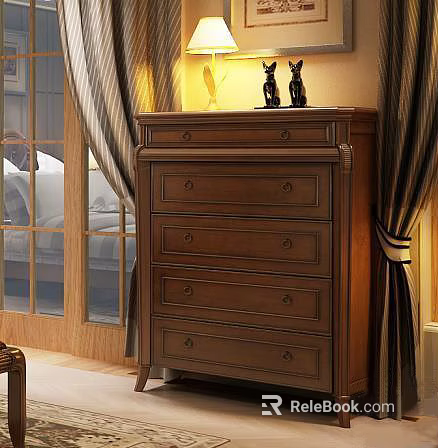 Classic Wooden Chest of Drawers with Decorative Figurines in Cozy Room 3d model 