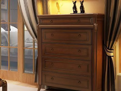 Classic Wooden Chest of Drawers with Decorative Figurines in Cozy Room 3d model
