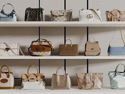 Various Fashionable Handbags Displayed On Shelves With Different Colors And Designs 3d model