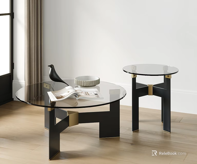 Modern Glass Top Coffee Tables With Black Metal Legs Gold Accents Bird Ornament 3d model 