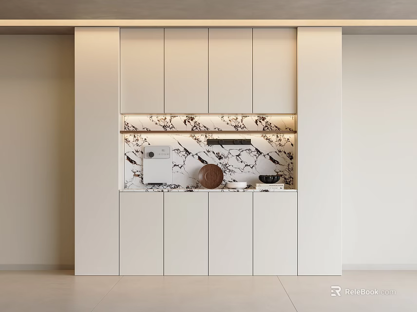 Modern Dining Room Interior With White Sideboard And Marble Backsplash Storage Design 3d model