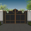 Traditional Building Exterior Wall Featuring Black Metal Gate Trimmed Shrubs And Stone Pathway