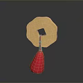 Traditional Golden Circular Decorative Ornament with Central Hole and Red Tassel for Home Decoration