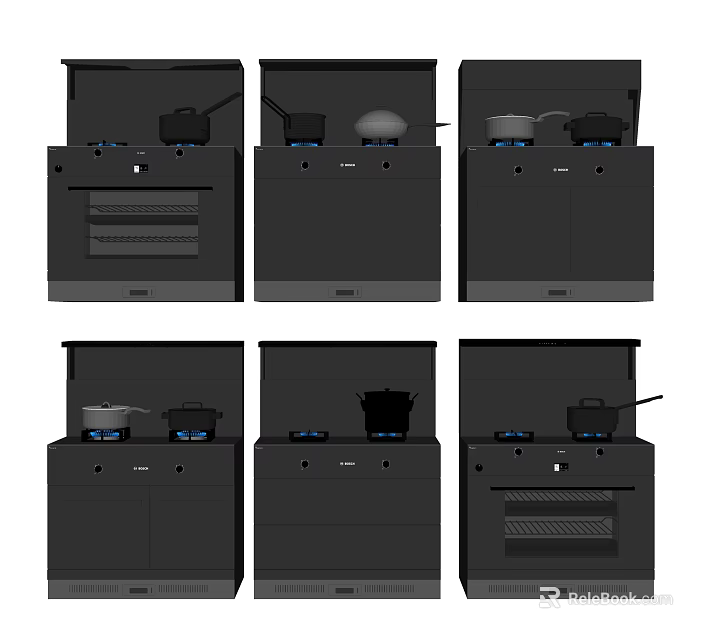 Modern Black Built in Kitchen Appliances With Stove And Oven Cabinet Design 3d model 