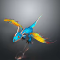 Fantasy Blue Dragon Character With Yellow Red Feathered Wings Flying For Game Film
