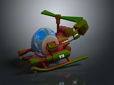 Green And Red Helicopter 3D Model With Transparent Cockpit And Number 918 3d model