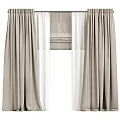 Beige Double Layer Window Curtains With Sheer Panels And Pleated Design 3d model