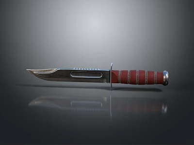 Tactical Knife With Silver Blade And Red Striped Handle On Reflective Grey Background 3d model