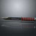 Tactical Knife With Silver Blade And Red Striped Handle On Reflective Grey Background 3d model