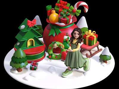 Festive Christmas Window Display Decoration With Green Red Trees Gifts Candy Cane And Sleigh 3d model