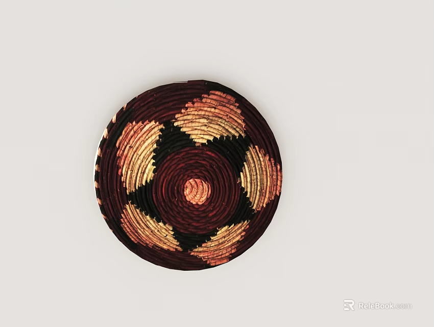 Round Woven Wall Decor With Maroon And Gold Spiral Geometric Patterns 3d model