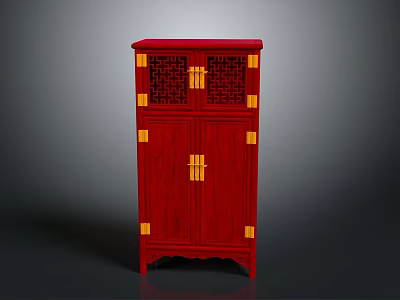 Chinese Traditional Red Cabinet With Gold Accents And Carved Patterns 3d model