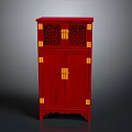 Chinese Traditional Red Cabinet With Gold Accents And Carved Patterns