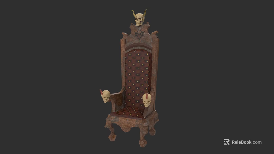 Gothic Style Wooden Chair With Skull Decorations And Red Dotted Cushion 3d model 