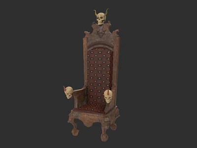 Gothic Style Wooden Chair With Skull Decorations And Red Dotted Cushion 3d model