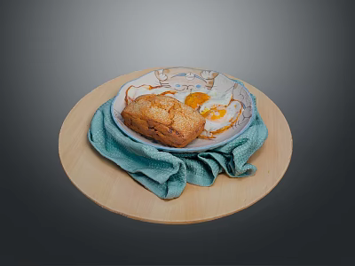 Animal Pattern Ceramic Plate With Bread And Fried Egg On Wooden Tray With Turquoise Cloth 3d model