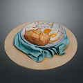 Animal Pattern Ceramic Plate With Bread And Fried Egg On Wooden Tray With Turquoise Cloth