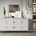Elegant White Console Cabinet Sideboard With Geometric Pattern Gold Handles And Decorative Items 3d model