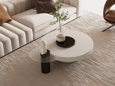 White Round Coffee Table with Black Tray White Sculpture Green Plant on Light Rug 3d model