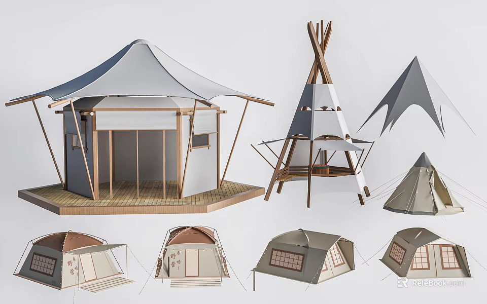 Different Types Of Tents With Platform Tipi And Wooden Frame Designs 3d model 