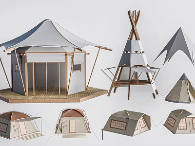 Different Types Of Tents With Platform Tipi And Wooden Frame Designs 3d model