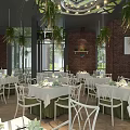 Elegant Restaurant Interior With White Tables Green Plant Decor Hanging Plants And Brick Walls