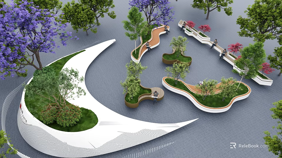 Modern Outdoor Curved Chairs Surrounded By Greenery And Colorful Trees In Park 3d model 
