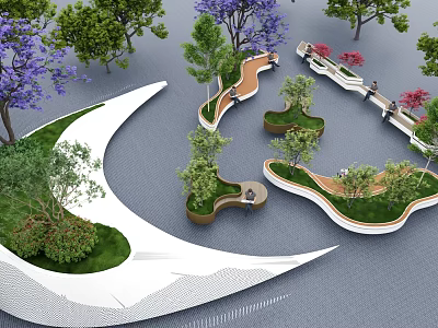 Modern Outdoor Curved Chairs Surrounded By Greenery And Colorful Trees In Park 3d model