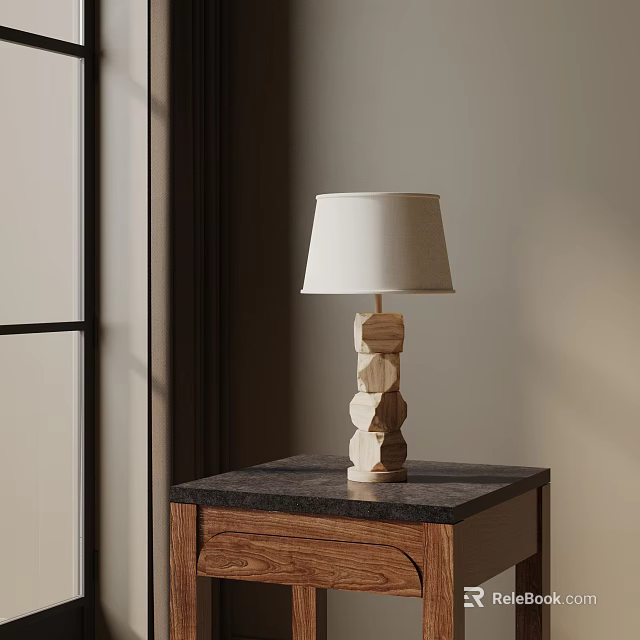 Minimalist Wooden Table Lamp With Geometric Stacked Base White Shade On Bedside Table Black Marble Top 3d model 