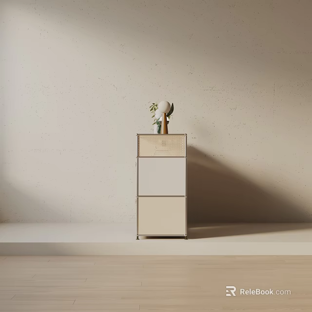 Modern Entryway Console Cabinet Light Colored Multi Layer Storage with Decorative Plants on Top 3d model