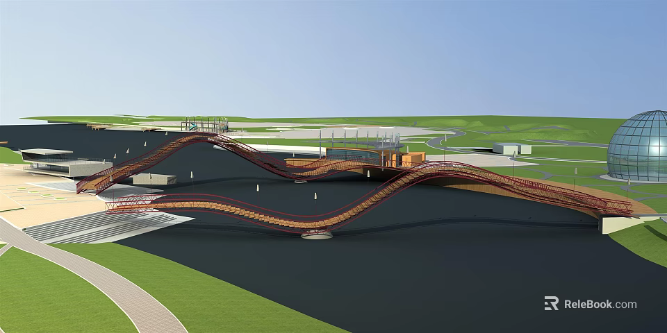Scenic Modern Winding Landscape Bridge With Wooden Deck And Green Waterfront 3d model 