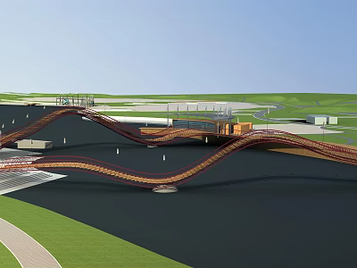 Scenic Modern Winding Landscape Bridge With Wooden Deck And Green Waterfront 3d model