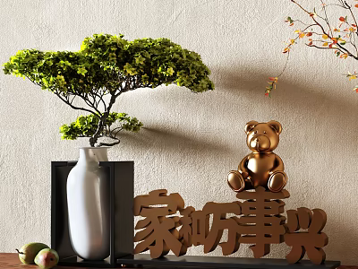 Decorative Ornament Set Including Green Bonsai White Vase Golden Bear and Wooden Character Decor 3d model