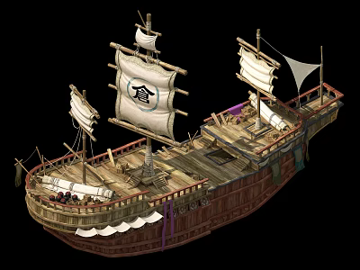 Vintage Wooden Ship Featuring Multiple Sails Wooden Deck And Traditional Hull Design 3d model