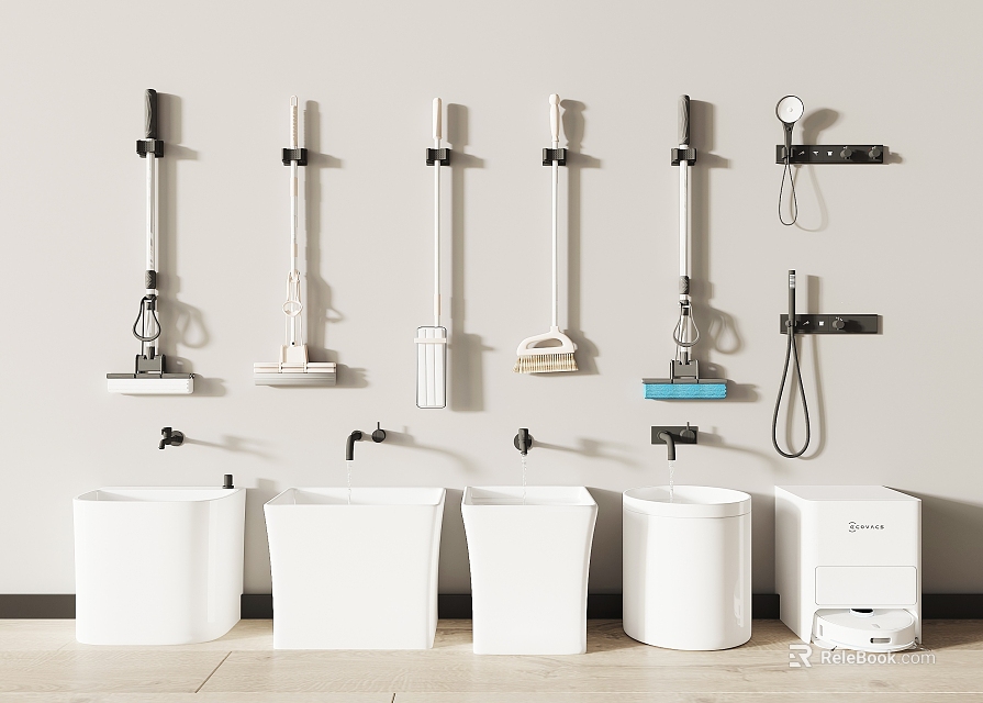 Modern Bathroom Wall Mounted Faucets With White Sinks And Cleaning Tool Racks 3d model 