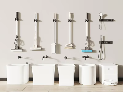 Modern Bathroom Wall Mounted Faucets With White Sinks And Cleaning Tool Racks 3d model